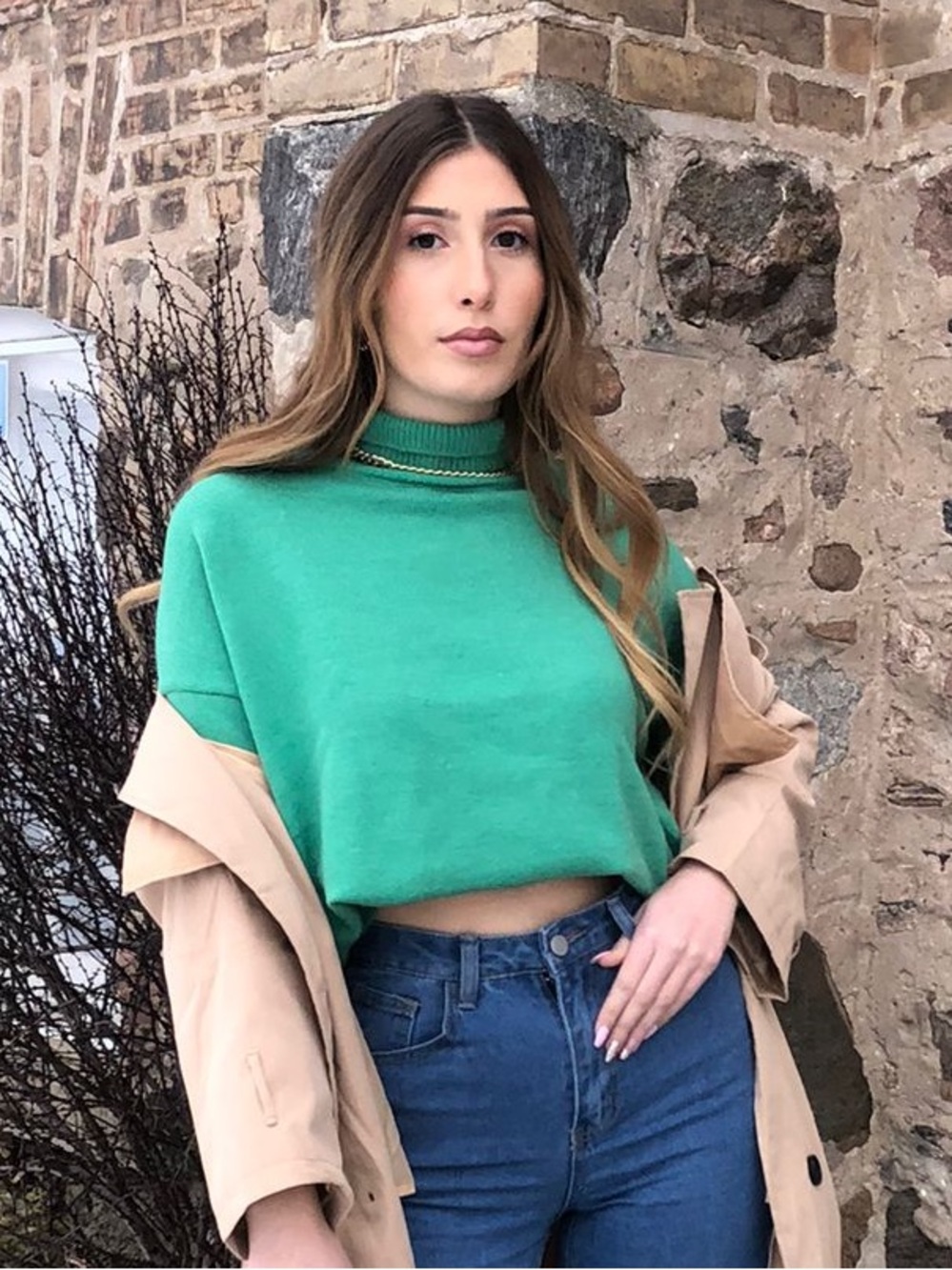 Cropped Green Turtleneck Sweater - Women's